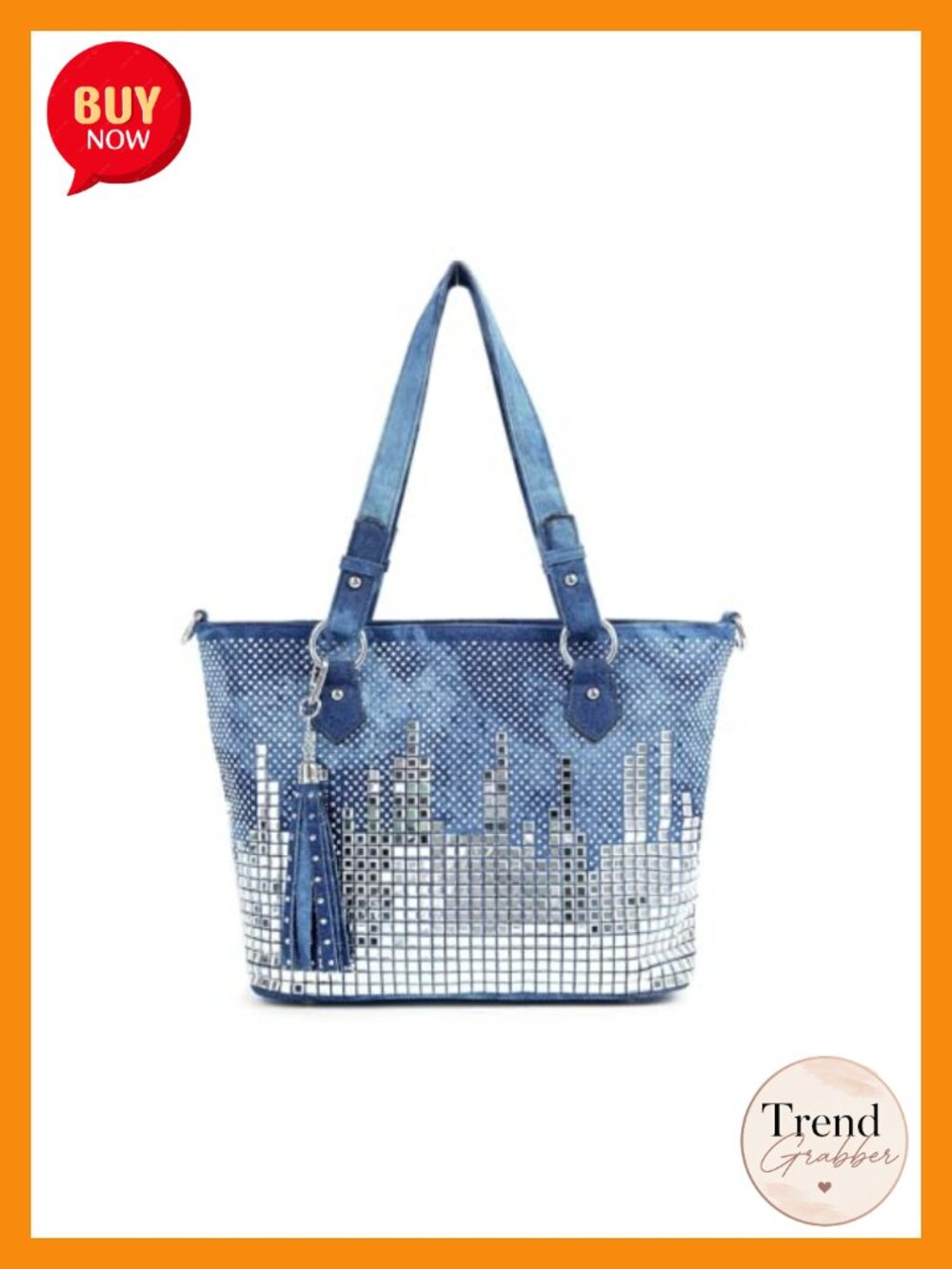 Rhinestone City Skyline Tote Bag with Detachable Strap Large Faux Leather Denim